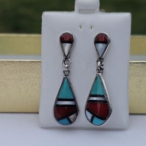 Vintage Inlaid Southwestern Earrings, Zuni, Stud/Dangles
